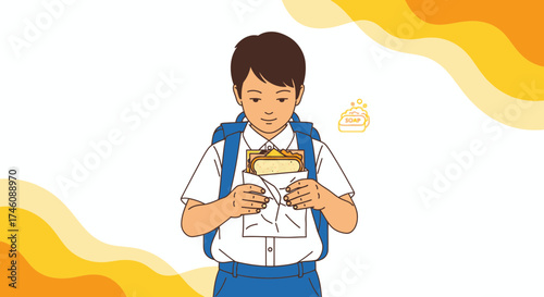 Illustration of a student with schoolbag holding a sandwich in a white background