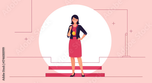Illustration of a successful businesswoman with a gold medal representing achievement