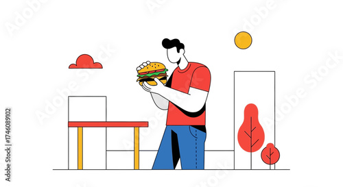 Illustration of a person holding a burger in a simplistic and modern style