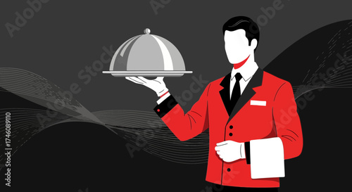 Illustration of a Waiter Holding a Tray with Covered Food against a Black Backdrop