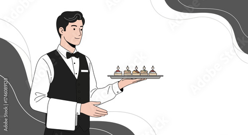 Illustration of a waiter serving appetizers on a tray, clean and modern design