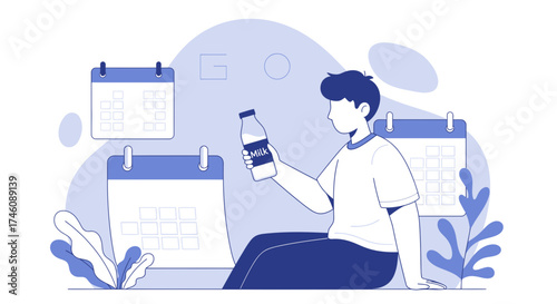 Illustration of a person holding a milk bottle with multiple calendars in the background