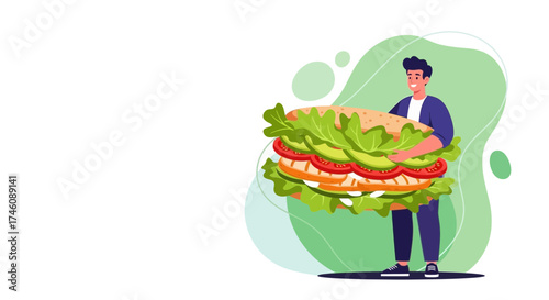 Illustration of a person holding a giant sandwich representing food, health and lifestyle