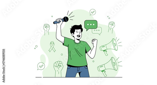 Illustration of a person holding a microphone advocating for social causes concept