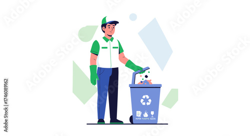 Illustration of a Waste Collector Putting Garbage in Recycling Bin for Environmental Protection