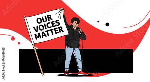 Illustration of a person holding a sign that says our voices matter while speaking into a mic