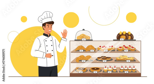 Illustration of a welcoming chef in front of a bakery display in vector format