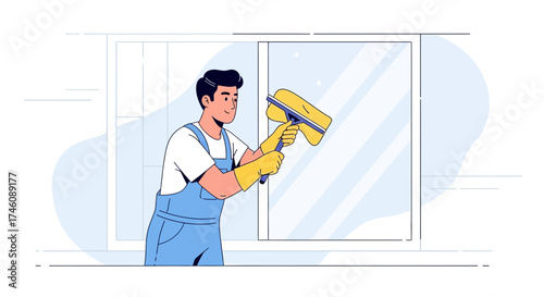 Illustration of a window cleaner cleaning the glass with a squeegee, service concept, vector