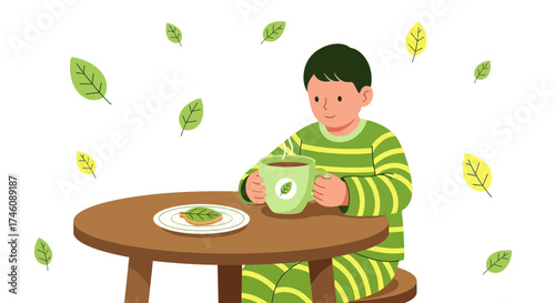 Illustration of a person holding tea and enjoying breakfast at a wooden table