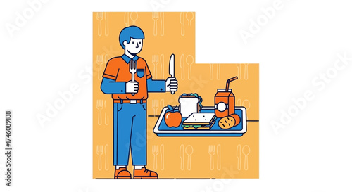 Illustration of a person holding fork and knife next to a tray of food