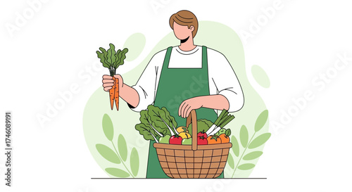 Illustration of a person holding fresh vegetables from a basket in a garden setting