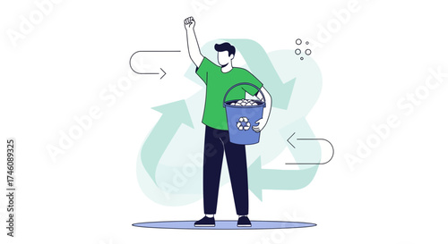 Illustration of a person promoting recycling and environmental conservation efforts