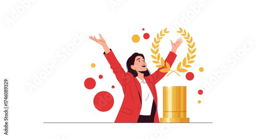 Illustration of a woman celebrating success with trophy and laurel wreath, vector