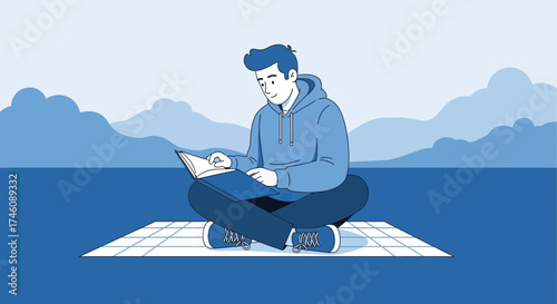 Illustration of a person reading a book while sitting on a mat outside, enjoying the scenery