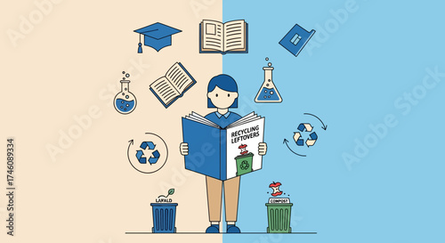 Illustration of a Person Reading a Book about Recycling and Environmental Science for Education