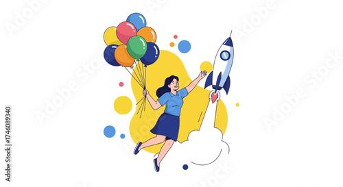 Illustration of a woman chasing a rocket with balloons, achieving goals, and success