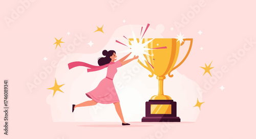 Illustration of a Woman Chasing a Trophy Representing Achievement or Success