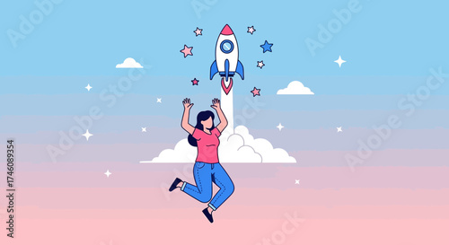 Illustration of a woman celebrating a rocket launch achieving success and goals