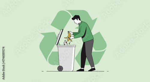 Illustration of a person recycling food waste into a bin with green recycle symbol