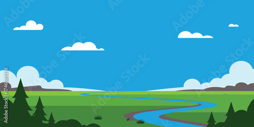 Flat design landscape with a winding river through green fields. Bright blue sky, fluffy clouds, and distant hills compose a tranquil nature illustration