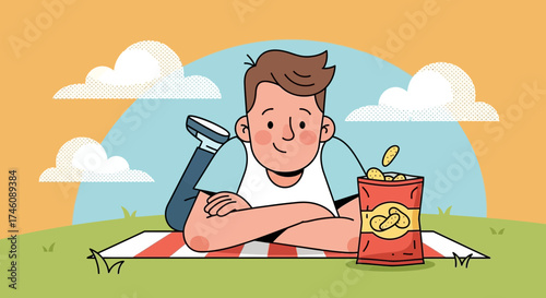 Illustration of a person relaxing and eating chips on a picnic in an outdoor scene