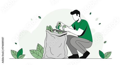 Illustration of a person putting vegetables into a bag, illustrating environmental activities