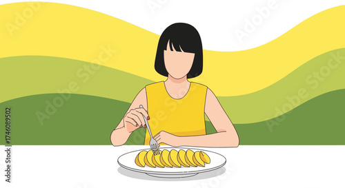 Illustration of a woman eating a meal of potato slices, healthy food, in the design
