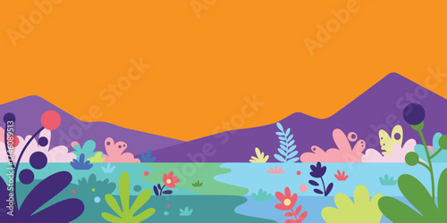 Vibrant cartoon landscape with rolling purple hills, colorful flora, and a serene body of water under an orange sky, evoking a sense of playful nature and tranquility