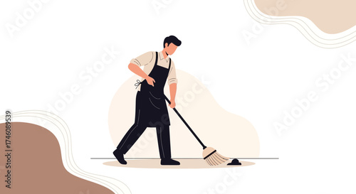 Illustration of a person sweeping a floor with a broom against a clean background