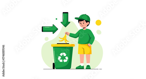 Illustration of a person throwing a banana peel in recycle bin for environment protection work