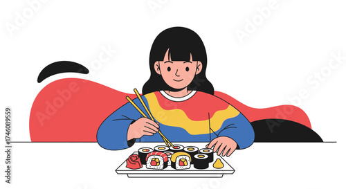 Illustration of a woman eating sushi with chopsticks, enjoying japanese cuisine