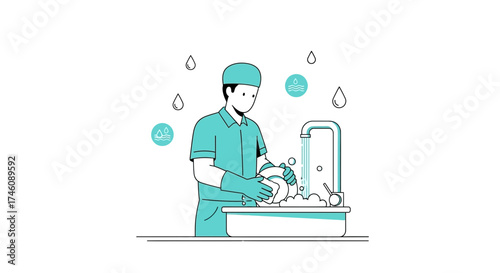 Illustration of a person washing dishes symbolizing cleanliness and home activities