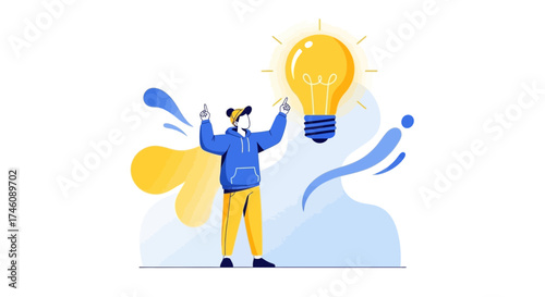 Illustration of a person with an idea, represented by a bright light bulb