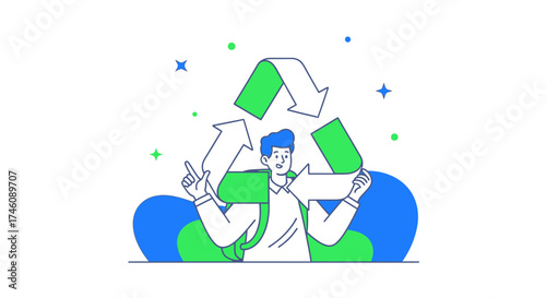 Illustration of a person with recycling symbol representing environmental conservation process