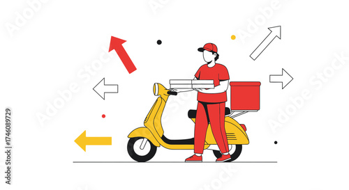 Illustration of a pizza delivery man on a scooter, food order process and fast delivery concept