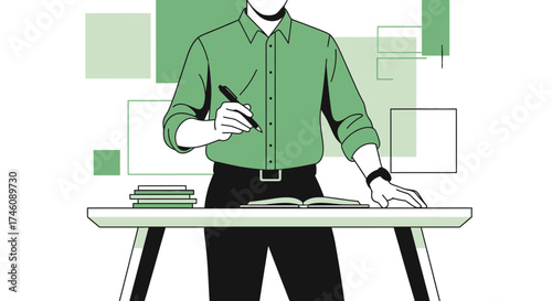 Illustration of a person writing in a notebook at a desk with stacked books beside him