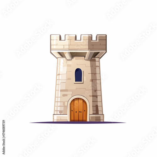 Cartoon Stone Castle Tower with Wooden Doors and Window.