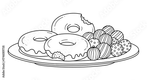 A plate of donuts and donut holes, some with bites taken.
