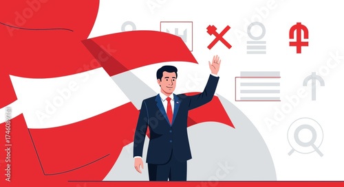 Illustration of a Politician Waving in Front of a Conceptual Background