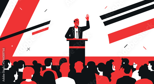 Illustration of a political rally with a speaker addressing a crowd of people