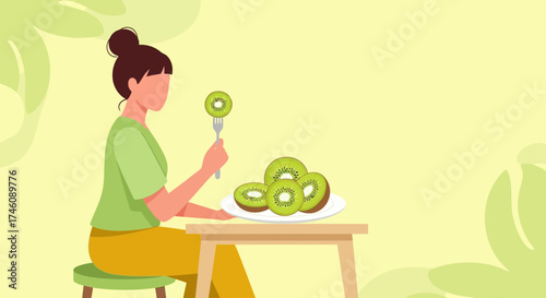 Illustration of a Woman Enjoying Kiwi Fruit on a Plate for Healthy Eating Concept
