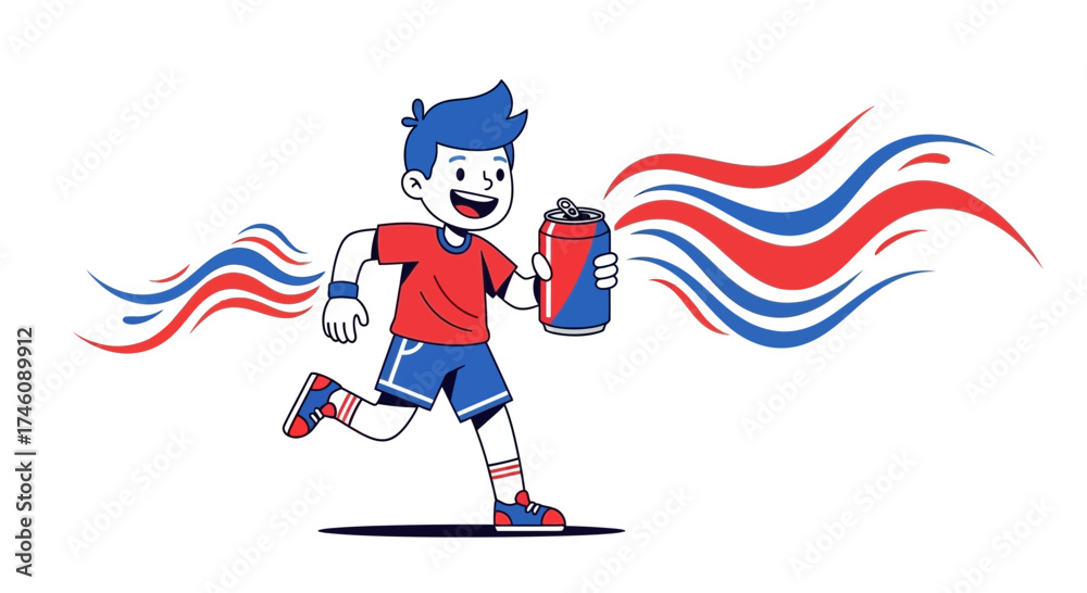 Obraz premium Illustration of a Running Child with a Soda Can and Dynamic Graphic Elements