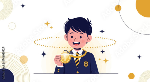 Illustration of a schoolboy wearing a medal, a symbol of achievement and success