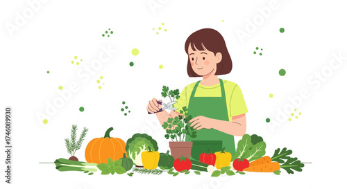 Illustration of a woman harvesting vegetables in a garden with various fresh produce harvest time