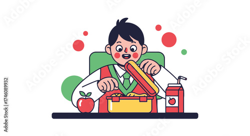 Illustration of a schoolboy eating lunch, school lunch time concept, flat design
