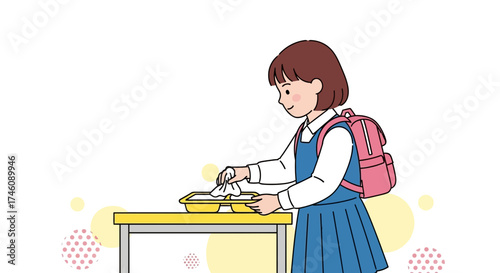 Illustration of a schoolgirl cleaning a tray in a school setting