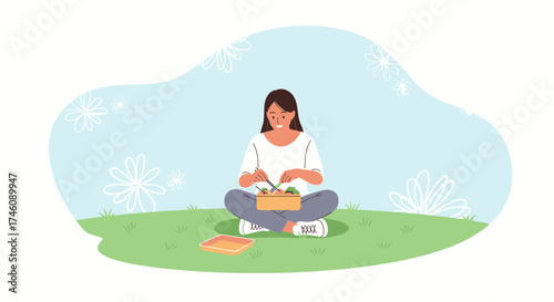 Illustration of a woman having lunch on a green field enjoying outdoor meal at park