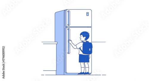 Illustration of a schoolboy with backpack opening the refrigerator in the kitchen