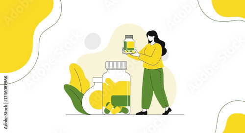Illustration of a woman holding a bottle of pills or medicine, health care and wellness concept