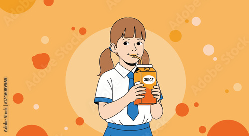 Illustration of a Schoolgirl Drinking Juice from a Carton with Colorful Background